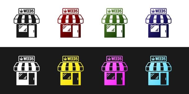 Stel marihuana en cannabis Store icoon geïsoleerd op zwart-wit achtergrond. Apparatuur en accessoires om te roken, medische cannabis op te slaan. Vector illustratie - Vector, afbeelding