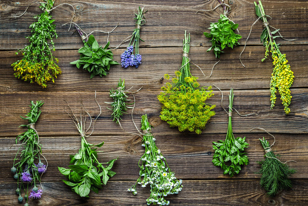 Bunches of herbs from the garden on wooden background. Fresh herb collection. - Valokuva, kuva