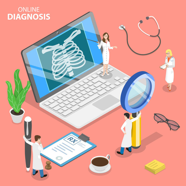 Isometric flat vector concept of online diagnosis, remote patient consultation. - Vector, Image