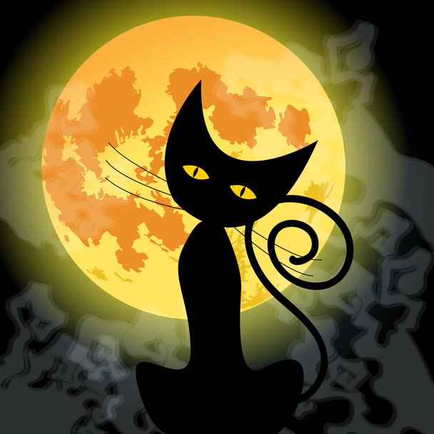 Bonito Halloween gato preto e lua cheia
 - Vetor, Imagem