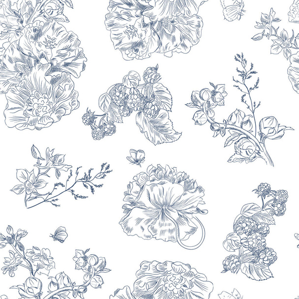Seamless floral pattern raspberries, peony. Hand drawn illustration fabric, wrapping - Vector, Image