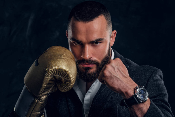 Portrait of handsome bearded man in boxing gloves - Photo, image