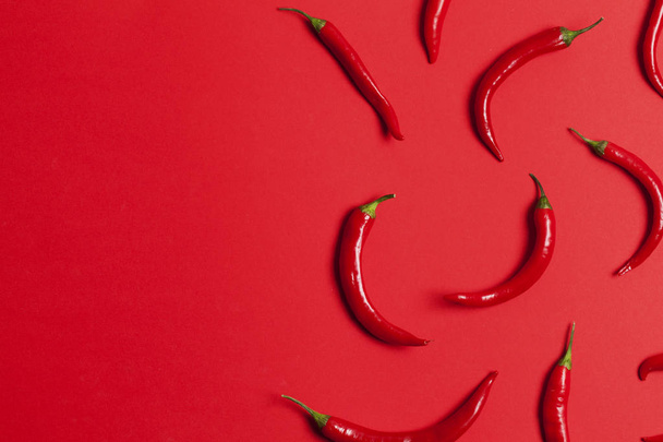 Red chili peppers arranged on a bright red background - Fotoğraf, Görsel