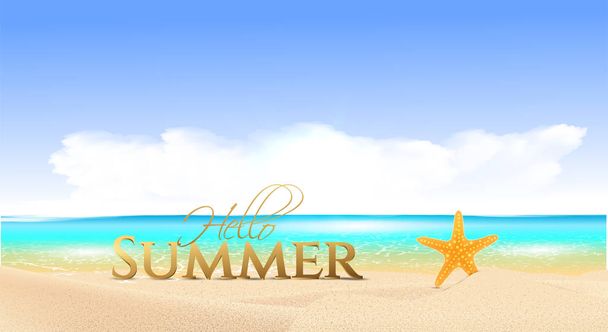 Hello summer web banner background. Sea or pool with sand and sea star. Hello Summer Holiday party beach template backdrop. Vector illustration. - Wektor, obraz