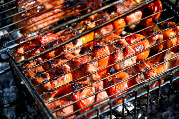 Shish kebab, steak, bell pepper in the open air in smoke on coals. - Photo, Image