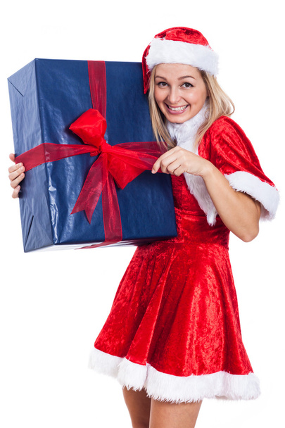 Christmas woman opening big present - 写真・画像