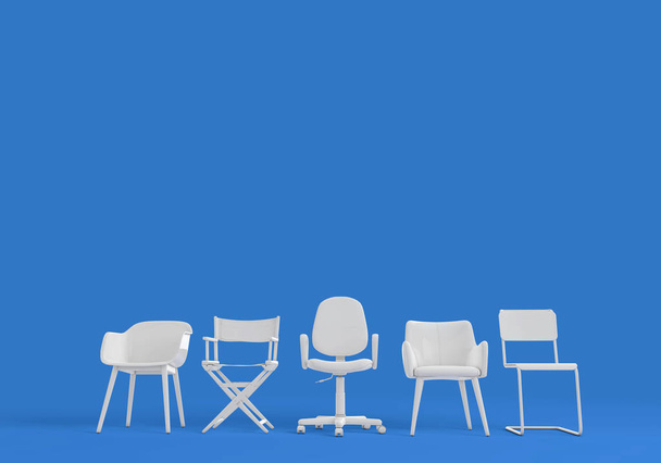 Row of differnt chairs. Job interview, recruitment concept. 3D r - Photo, image