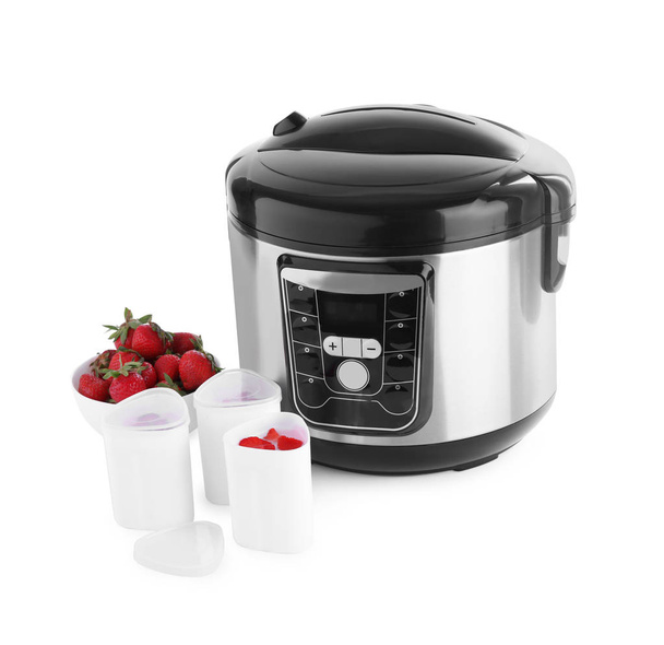 Modern multi cooker with cups of homemade yogurt and strawberries isolated on white - Φωτογραφία, εικόνα