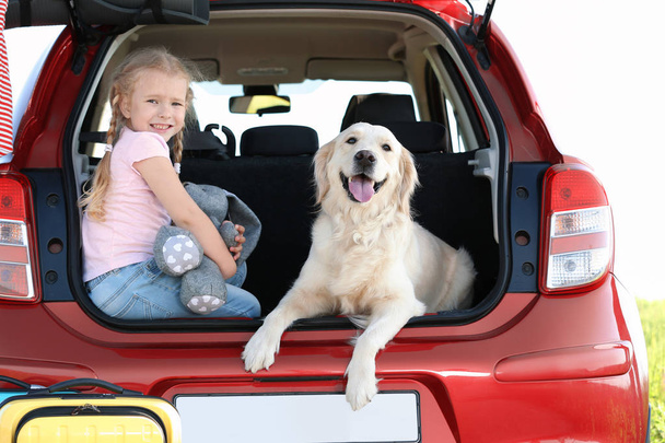 Cute little girl and her dog in open car trunk - Фото, изображение