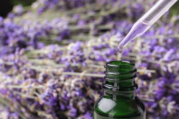 Natuurlijke etherische olie druipend van pipet in fles tegen lavendel bloemen, close-up. Ruimte voor tekst - Foto, afbeelding