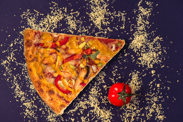 Cut into slice delicious fresh pizza on background - Zdjęcie, obraz