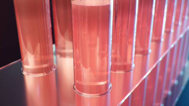 Science laboratory research. Development of medical technology. A breakthrough in biotechnology. Red liquid inside the test tube as fuel. Biotechnology, glassware flasks. Test tubes, 3D Illustration - Valokuva, kuva