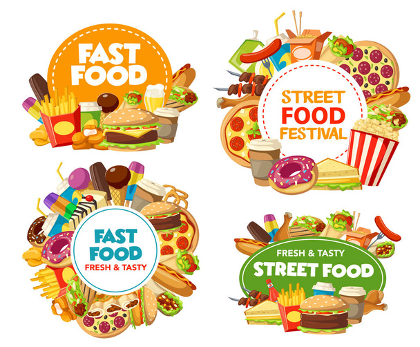 Fast Food iconen van pizza, hamburger, soda, frietjes - Vector, afbeelding