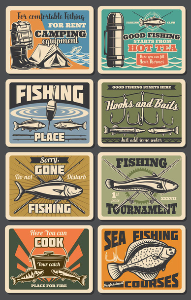 Caña de pescar, anzuelo, pescado, tienda de campaña, equipo
 - Vector, imagen