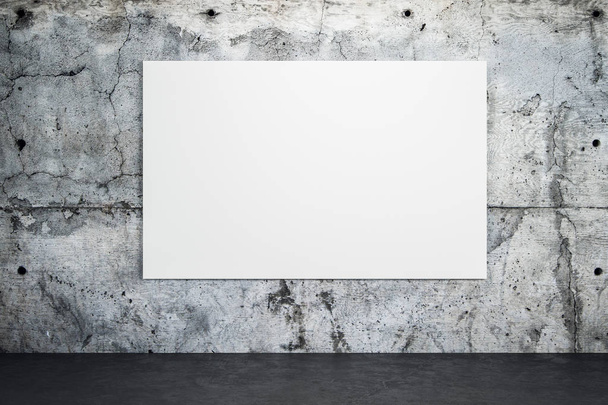 Blank white poster on loft concrete wall with dark concrete floor. - Foto, imagen