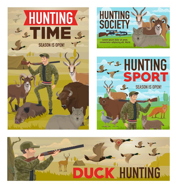 Caza de animales y aves, cazadores, pistolas y carpas
 - Vector, Imagen