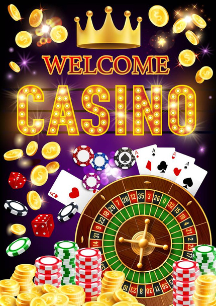 Ρουλέτα καζίνο, ζάρια, μάρκες, κάρτες πόκερ, χρήματα - Διάνυσμα, εικόνα