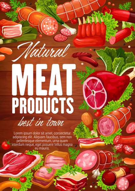 Vlees worstjes met kruiden en groene salade blaadjes - Vector, afbeelding