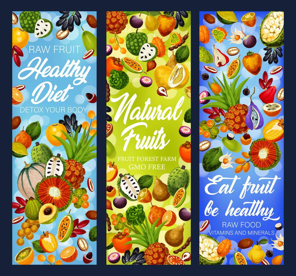 Frutas exóticas, bagas tropicais. Alimentos dietéticos Detox
 - Vetor, Imagem