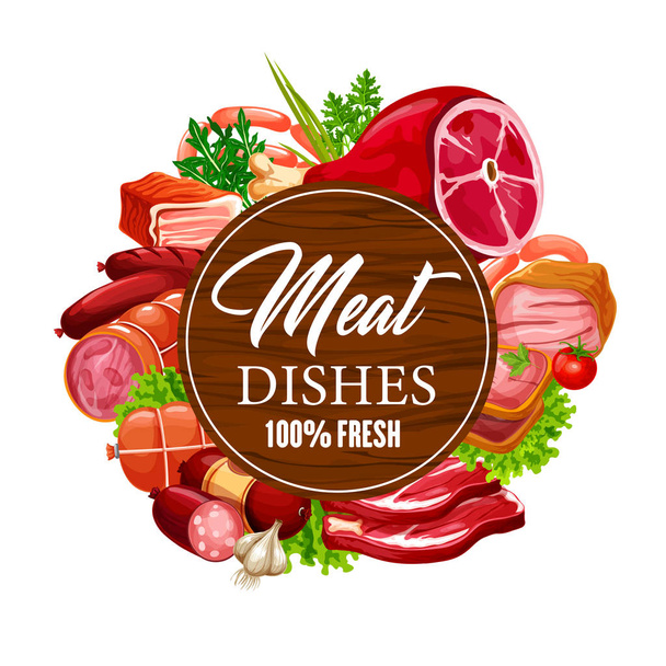 Мясо, свиные сосиски, говяжий стейк, салями и бекон
 - Вектор,изображение