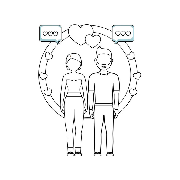 young couple lovers with speech bubbles and hearts - Vector, Image
