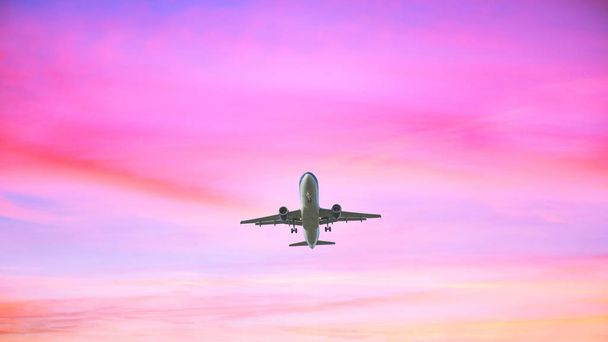 Atterrissage de l'avion sur le fond de ciel couleur pastel. Coucher de soleil dans les couleurs rose et bleu
  - Photo, image