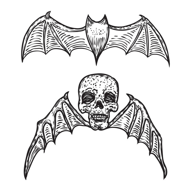 Set of bat vampire and winged skull. Open wings flying gothic mo - Вектор, зображення