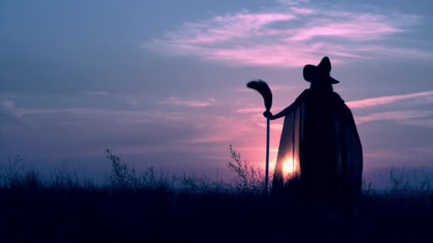 hátsó boszorkány a vesszőseprű állva a hegyen este Skyline Halloween - Felvétel, videó