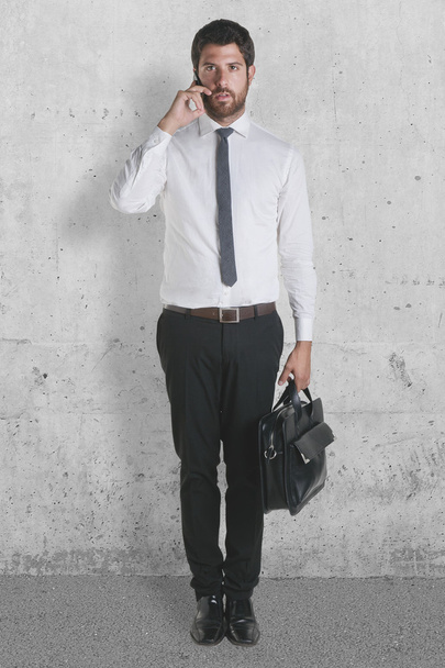 Young businessman standing with briefcase and talking with smartphone. - Foto, imagen