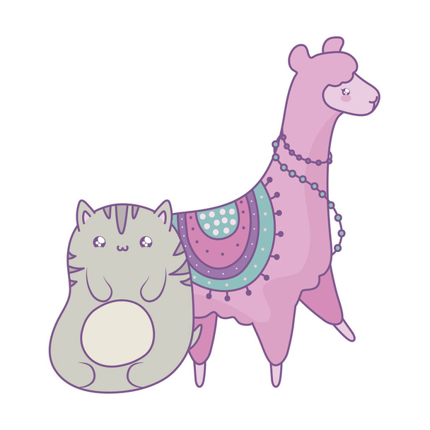 roztomilá kočka s Alpaka Baby zvířaty kawaii styl - Vektor, obrázek