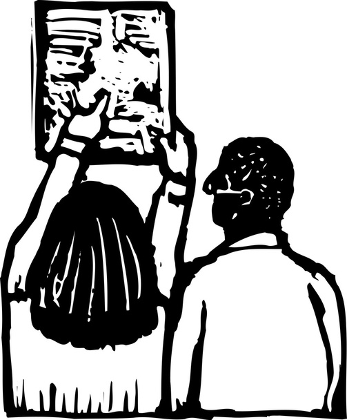 Woodcut Illustration of Consulting Physician Looking at X-Ray - Vektor, Bild