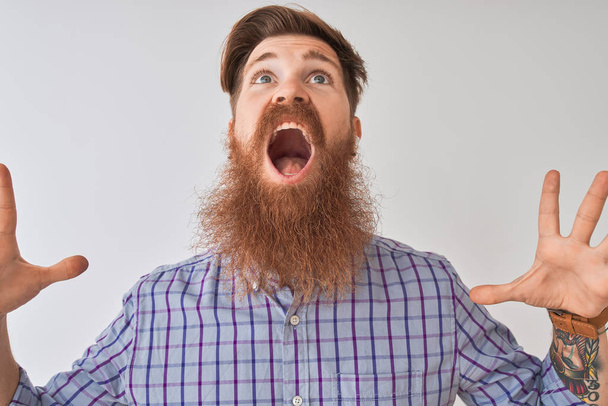 Redhead Ierse man luisteren naar muziek met behulp van draadloze koptelefoon over geïsoleerde witte achtergrond gek en boos schreeuwen en schreeuwen met agressieve expressie en armen verhoogd. Frustratie concept. - Foto, afbeelding