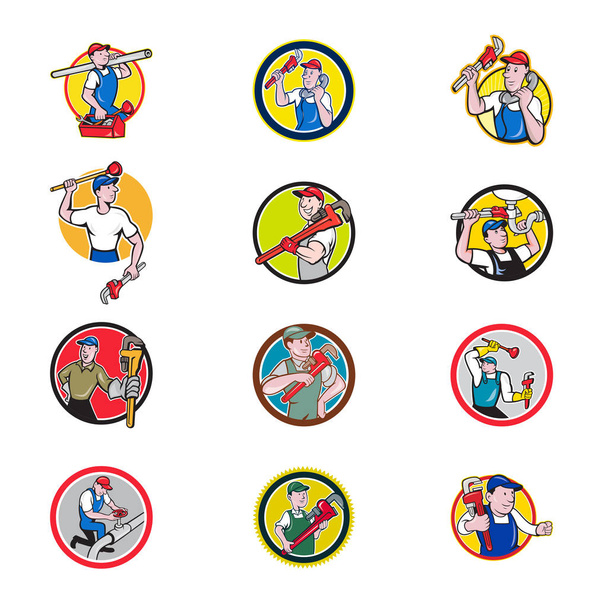 Conjunto de dibujos animados del círculo de la mascota de fontanero
 - Vector, Imagen