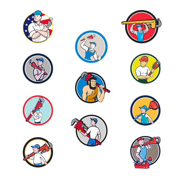 Plumber Mascot Circle Cartoon Set - Vector, Image