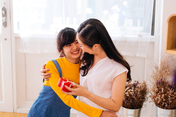 Smiling happy Asian teenage daughter and Asian middle-aged mother hugging together in indoor living room at home - Φωτογραφία, εικόνα