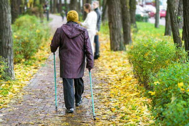 Mulher sênior desfrutando de caminhada nórdica no belo parque de outono colorido. Pessoa de velhice fazendo pole walk excercise ao ar livre. Idosos saúde e fitness
 - Foto, Imagem