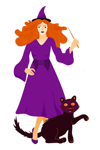 ハロウィーンの休日のグリーティングカード。白い背景に魔法の杖と猫を持つ若い魔女. - ベクター画像