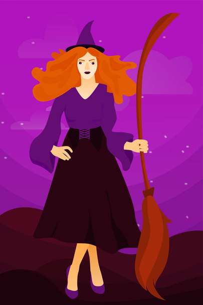 Blahopřání k svátku Halloween. Mladá čarodějka s kouzelnou hůlkou na vystrašém abstraktním pozadí. - Vektor, obrázek