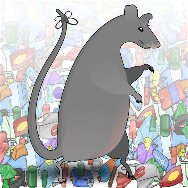 大きな灰色のネズミは、プラスチック製のゴミの中で後ろ足で歩きます。げっ歯類による環境汚染と危険の概念. - ベクター画像
