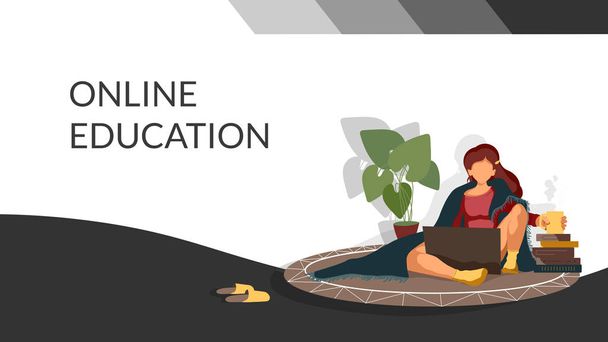 Online eğitim, online öğrenme, online kurslar ve e-öğrenme kavramı. Poster, afiş ve web sitesi geliştirme için düz tarzda vektör illüstrasyon. - Vektör, Görsel