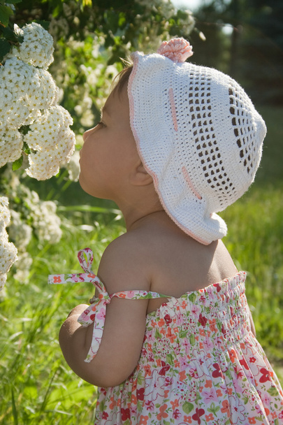 Child enjoys the scent of flowers - Foto, Imagem