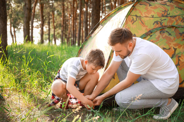 Pai e seu filhinho montando barraca de acampamento na floresta
 - Foto, Imagem