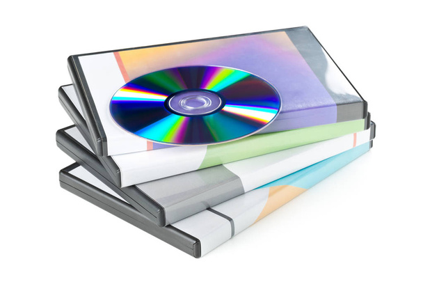 DVD, CD-ROM or Blu-Ray disc with stacked boxes for movies, audio - Foto, Imagem