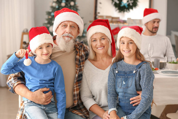 Heureux grands-parents avec de petits enfants pendant la fête de Noël à la maison
 - Photo, image