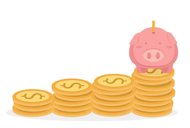 Piggybank y monedas torre vector Dinero concepto de ahorro
 - Vector, Imagen