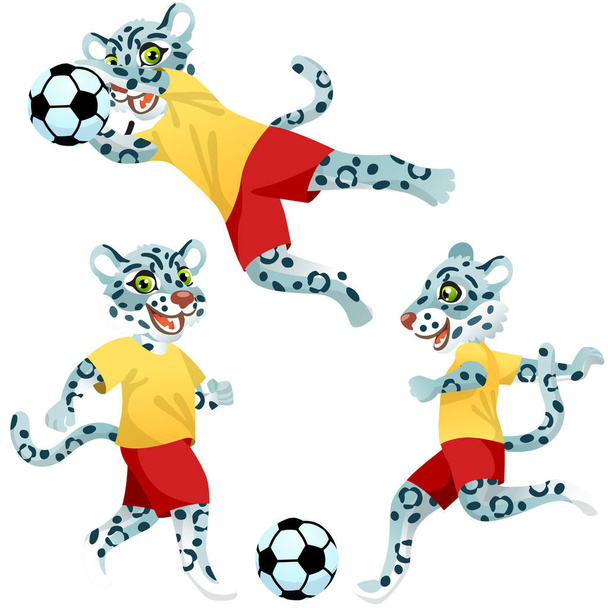 Three snow leopards as the footballers in uniform in dynamic poses with the soccer ball - Vector, Image