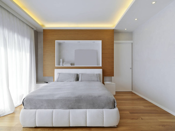 modern bedroom interior with wooden floor - 写真・画像