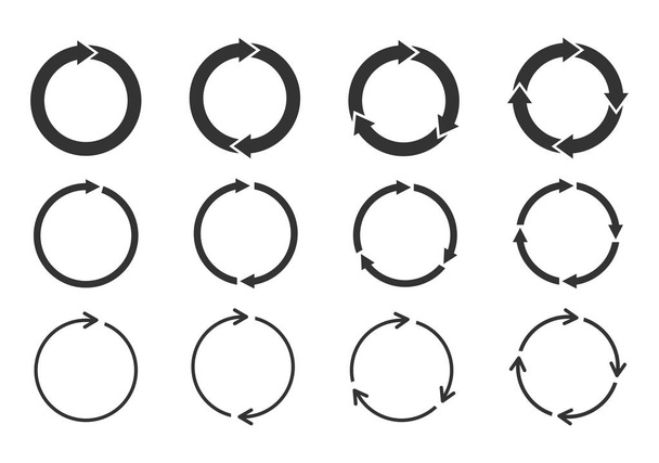 Set of circle arrows rotating on white background. Refresh, reload, recycle, loop rotation sign collection. Black circle arrows for infographics, web design. Vector illustration, flat style, clip art. - Вектор,изображение