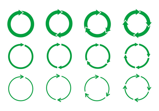 Set of green circle arrows rotating on white background. Recycle concept. Arrow heads representing circulation. Refresh, reload, loop rotation sign collection. Vector illustration,flat style, clip art - Вектор,изображение