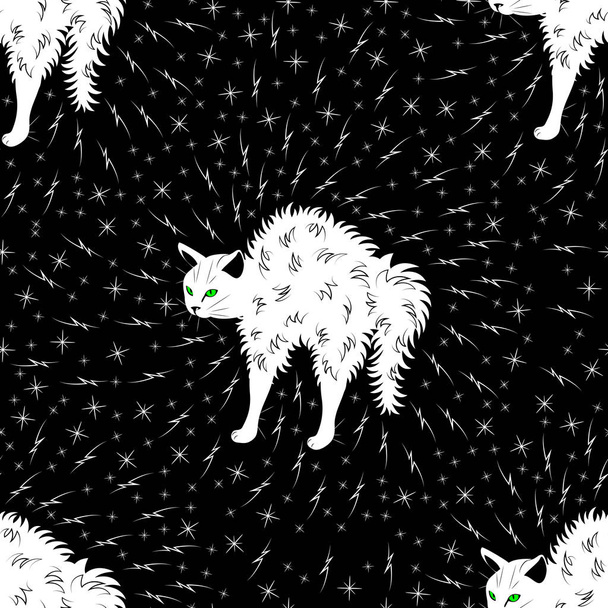 Angry white cat arched his back. Around him are lightning and stars. Seamless pattern. - Διάνυσμα, εικόνα
